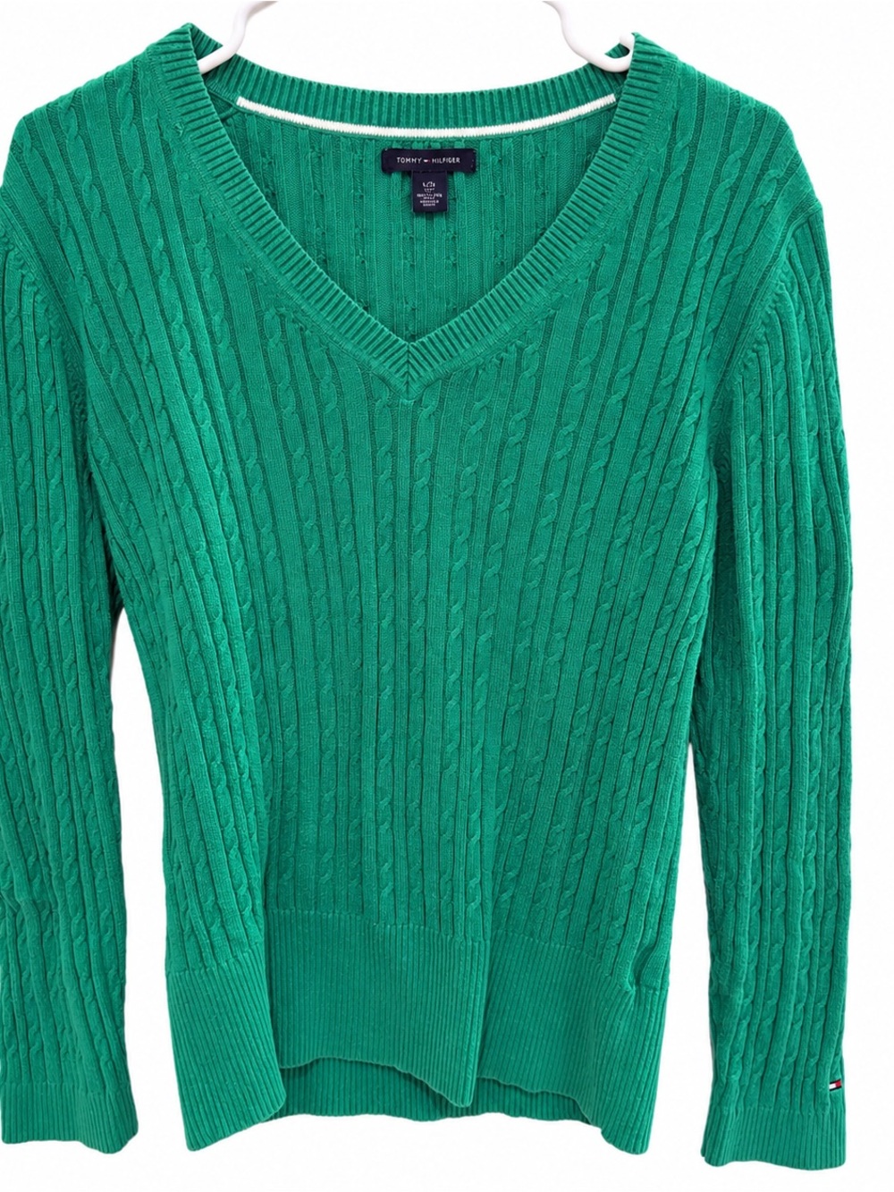 Tommy Hilfiger Emerald Green Cable Knit V-Neck Sweater
